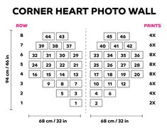 the corner heart photo wall is shown in black and white, with numbers on each side