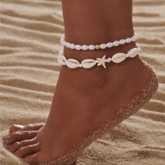 Shell Embellished Double Anklet White Shells, Faux Pearls, Starfish 2 Piece Anklet Shop Our Boutique For Styles/Events: Romantic Date Night Erotic Seductive Sexy Intimate Photoshoot Model Bride Lingerie Winter Fall Summer Spring Boho Gypsy Hippie Beachy Birthday Gift Resort Bohemian Girly Trendy Date Night Minimalist Y2k College 90s 00s 70s Vintage Wedding Guest Engagement Party Bachelorette Vacation Cruise Travel Western Aesthetic Vibe Retro Vintage Christmas Thanksgiving Holiday Resort Chic Ca Preppy Jewelry, Ankle Jewelry, Tanah Liat, Stil Boho, Jewelry Accessories Ideas, Summer Bracelets, Vintage Hippie, Beaded Anklets, Jewelry Lookbook