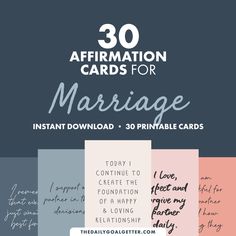 the 30 affirmation cards for marriage are shown in four different colors and font