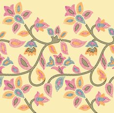 an intricately designed wallpaper with colorful flowers and leaves on yellow background, suitable for use in interior or exterior decor