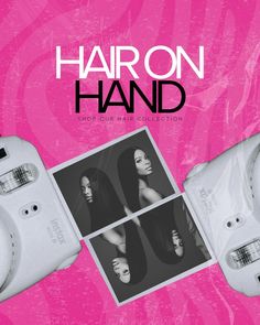 an advertisement for hair on hand featuring two cameras, one with the image of a woman's face