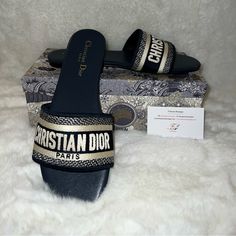 Christian Dior Slides, Navy Blue And White, Size 42 In Great Condition Dior Dway Slides Outfit, Dior Dway Slides, Dway Slides, Christian Dior Slides, Dior Flats, Dior Slides, Slides Outfit, Dior Sandals, Dior Handbags