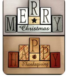 three wooden blocks that say merry christmas and happy thanksgiving