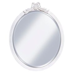 a round mirror with an ornate design on the top and bottom edge, is shown against a white background