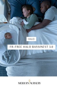 A mother and father sleeping with their baby next to them in the Halo Bassinest sleeper.