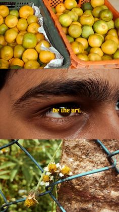 there is a man looking through the fence at some fruit in baskets on his head