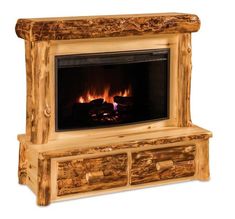 a wooden fireplace with logs on the sides and fire in the center, as well as two drawers