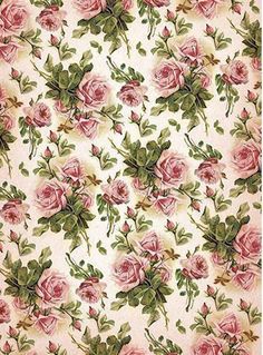 pink roses on white background with green leaves and flowers in the center, all over