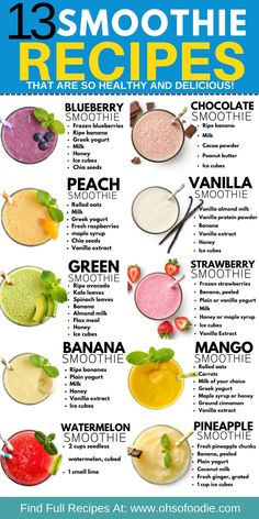 Text reads,13 Smoothie Recipes That Are So Healthy and Delicious! Makanan Rendah Kalori, Watermelon Smoothie, Resep Smoothie, Fruit Smoothie Recipes Healthy, Vanilla Smoothie, Kiwi Smoothie, Easy Healthy Smoothies, Blueberry Smoothie, Smoothie Recipes Healthy Breakfast