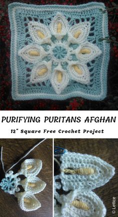 two pictures show the same crochet pattern as they are being used to make an afghan