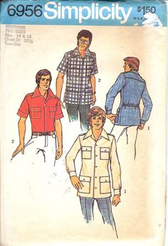 Simplicity 6956   UNCUT sewing pattern Teen and Men's Shirts   ID302  Retro 70' style!   Copyright 1975  Contains Two Sizes   Sixe 14 and 16   Chest 32  33&1/2 Teen Boy  The pattern is Uncut, Factory Folded, and in Like New Condition.  International shipping is available by request. Please ask for a price quote for delivery of this item to your country Sewing Patterns Men, Men Collar Shirt, Mens Shirt Pattern, 1970s Men, 1970s Sewing Patterns, Patron Vintage, Safari Shirt, Shirt Sewing Pattern, Stitch Shirt