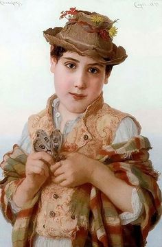 a painting of a young boy wearing a hat and holding a small bird in his hands