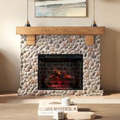 a living room with a fire place and books on the table next to it,