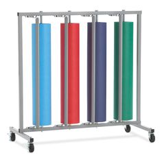 a metal rack with four different colored papers on it's sides and two black wheels