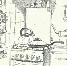 a drawing of a stove with a tea kettle on the burner in front of it