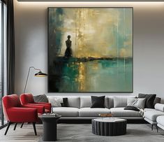 a living room filled with furniture and a large painting on the wall above it's head