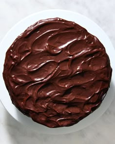 a large chocolate cake sitting on top of a white plate