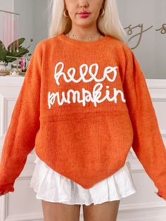 Hello Pumpkin Orange Sweater | Sassy Shortcake | sassyshortcake.com Cute Cozy Fall Sweater, Cute Cozy Fit Sweater For Fall, Orange Knitted Top For Fall, Orange Ribbed Winter Sweater, Cozy Orange Knit Top, Casual Halloween Knit Sweater, Orange Knit Tops For Fall, Cute Knit Tops For Fall, Cozy Orange Crew Neck Top