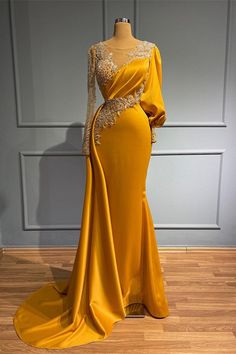 Wunderschönes langes Ballkleid im Meerjungfrau-Stil mit Juwelen und Sa – BIZTUNNEL Liquid Organza, Satin Sleeves, Glitter Prom Dresses, Gold Evening Dresses, Stretch Satin Dress, Satin Evening Dresses, Long Sleeve Prom, Organza Dress, Fantasy Gowns