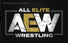 the logo for all elite aew wrestling, with gold and silver letters on it