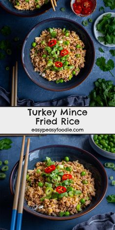 two bowls filled with fried rice and vegetables next to chopsticks on the side