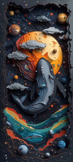 a paper cut out of a whale in the ocean with planets and stars around it