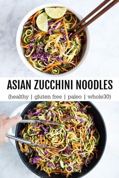 Asian Zucchini Noodles (gluten free, paleo, and whole30) Quick, easy, healthy, and whole30 Asian zucchini noodles loaded with zoodles, cabbage, and carrots and dripping in a flavorful ginger sesame sauce | paleo | vegan | whole30 | side dish | healthy recipes Whole30 Easy, Cabbage And Carrots, Pasta Alternative, Zoodle Recipes, Sesame Sauce, Easy Zucchini, Paleo Vegan, Paleo Dinner, Vegetarian Paleo