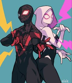 two spider - man characters, one in black and the other in red with lightning bolts