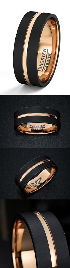 three different types of black and gold wedding bands with the same design on each band