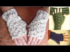 four different pictures with gloves made out of knitted yarns and crochet