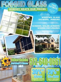 an advertisement for a window and door company with images of windows, doors, and screen screens