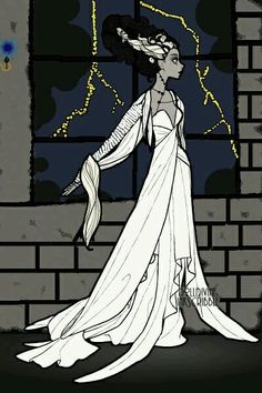 a drawing of a woman in a white dress standing next to a brick wall and looking out the window