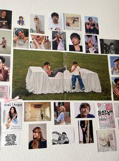 a collage of photos with people sitting at a table in front of them on the wall