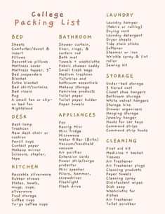 the college packing list is shown in pink and gold colors, with words above it