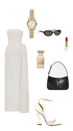 a women's white outfit and accessories including shoes, sunglasses, watch, purse