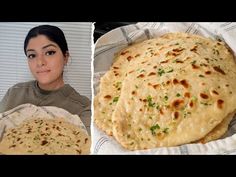 a woman holding two large flat breads in front of her face and another photo of the same pizza