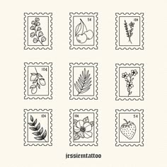 stamps with flowers and leaves on them are shown in the shape of postages,