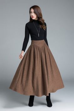 The brown wool skirt made with soft wool blend, it has a polyester lining inner. It is high waist skirt for winter day, The long vintage skirt has no pockets because of the special waist. Right side zipper made the skirt easy to wear. we created many women skirt with different style , we like some Wool Tea Length Skirts, Vintage Floor Length Skirts, Long Highwaisted Skirts, 40s Mode, Skirts Winter, Long Wool Skirt, Warm Skirts, Designer Skirt, Skirt Winter