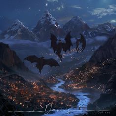 two bats flying over a city at night with mountains in the background and stars above