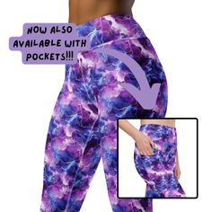 The All-Over Print Yoga Leggings are a must for any active bunny! Made out of stretchy materials, soft microfiber yarn, and a UPF 50+, they'll keep you comfortable even during the most challenging workouts.  82% polyester, 18% spandex Four-way stretch, which means fabric stretches and recovers on the cross and lengthwise grains. Made with a smooth, comfortable microfiber yarn Raised waistband  Precision-cut and hand-sewn after printing UPF 50+ Soft, 0.25″ (0.6 cm) wide, clear elastic in the wais Ladies Gym Wear, Ladies Gym, Purple Lightning, Printed Yoga Leggings, Fabric Conditioner, Lightning Storm, Squat Proof, Gym Wear, Outfits With Leggings