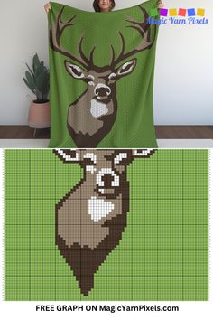 a woman holding up a green blanket with a deer on it's face and the words, free graph on magic yarn pixels