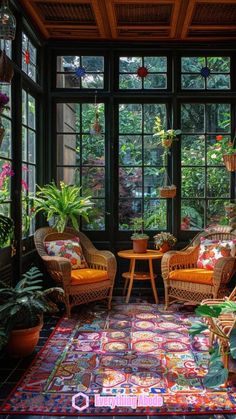 the sun room is filled with plants and wicker furniture