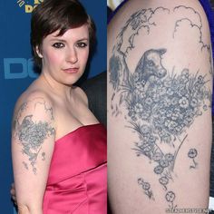 a woman in a pink dress with tattoos on her arm and behind her is a bird