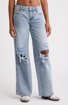 These light-wash jeans boast the baggy wide-leg silhouette of the season, while chic distressing adds a little edge. 32" inseam; 22" leg opening; 10" front rise; 14" back rise (size 29) Zip fly with button closure Five-pocket style 100% cotton Machine wash, tumble dry Imported Bagy Jeans, Medium Wash Baggy Mid-rise Pants, Baggy Mid-rise Light Wash Cargo Jeans, Mid Wash Baggy Low Rise Distressed Boyfriend Jeans, Low Rise Straight Leg Jeans, Pacsun Low Rise Baggy Jeans, Pacsun Eco Medium Blue Distressed High Waisted Straight Leg Jeans, Jeans With Rips, Pacsun Jeans