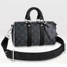 Louis Vuitton LV Unisex Keepall Bandoulière 25 Monogram Eclipse Reverse Coated Canvas Louis Vuitton Keepall 25, Reverse Canvas, Louis Vuitton Keepall, City Bag, Leather Messenger, Name Tag, Pink Bag, Leather Top, Handbag Accessories