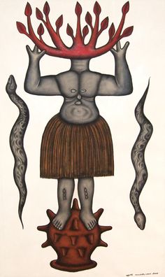 a drawing of a woman with red hair and antlers on her head, standing in front of two snakes