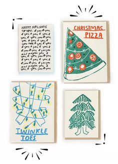 four christmas cards with hand drawn designs on them, one is for pizza and the other is for wine