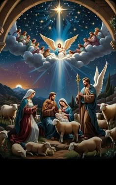 the birth of jesus with angels and sheeps