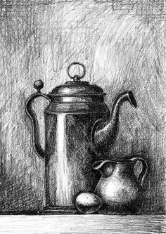 a black and white drawing of a teapot with a kettle next to it on a table