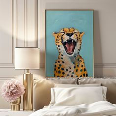 a painting of a cheetah with its mouth open on a wall above a bed